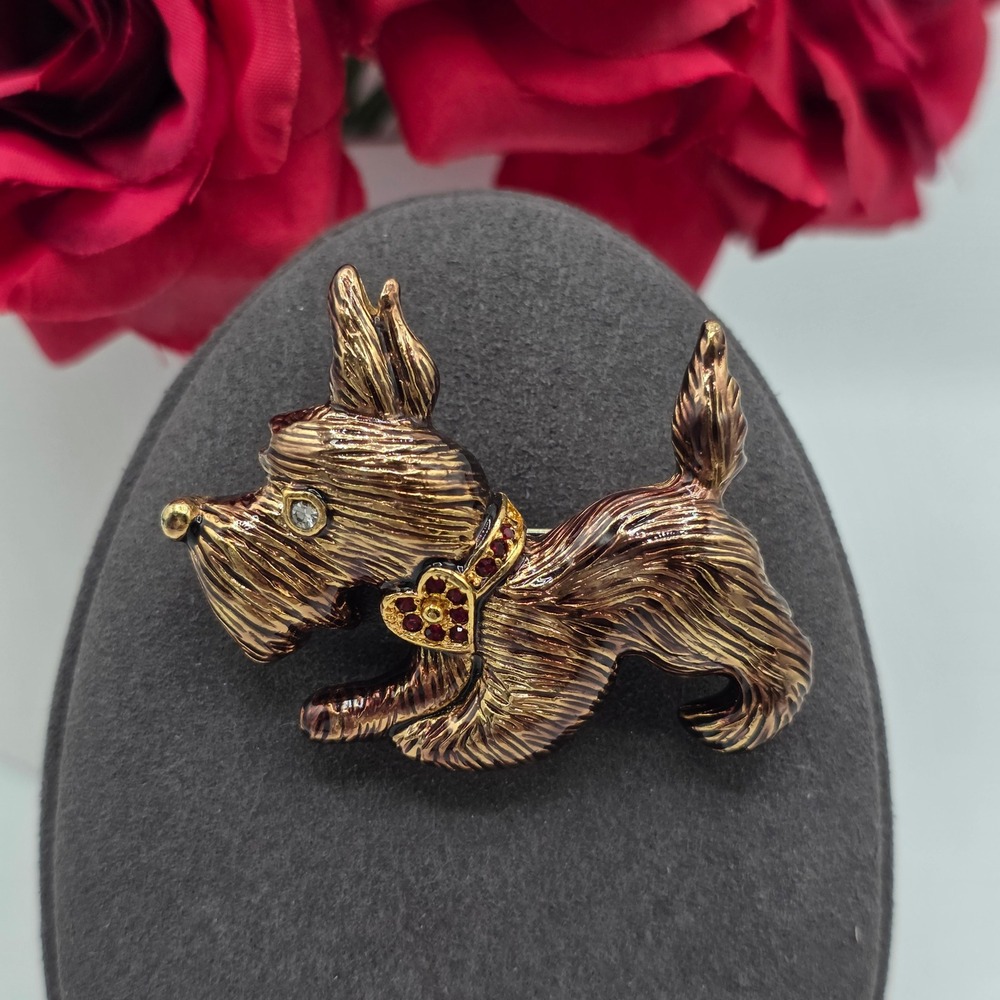 Liz Claiborne Scottie Dog Brooch Brown Enamel Rhinestone Heart Collar Vintage LC